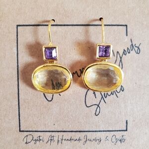 Gold with Citrine and Amethyst Dangle Earrings